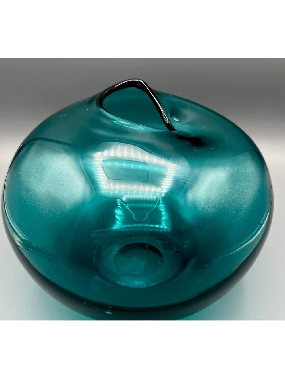Studio Art Glass Hand Blown Teal Vase Collapsed Pinched Rim Polished Pontil